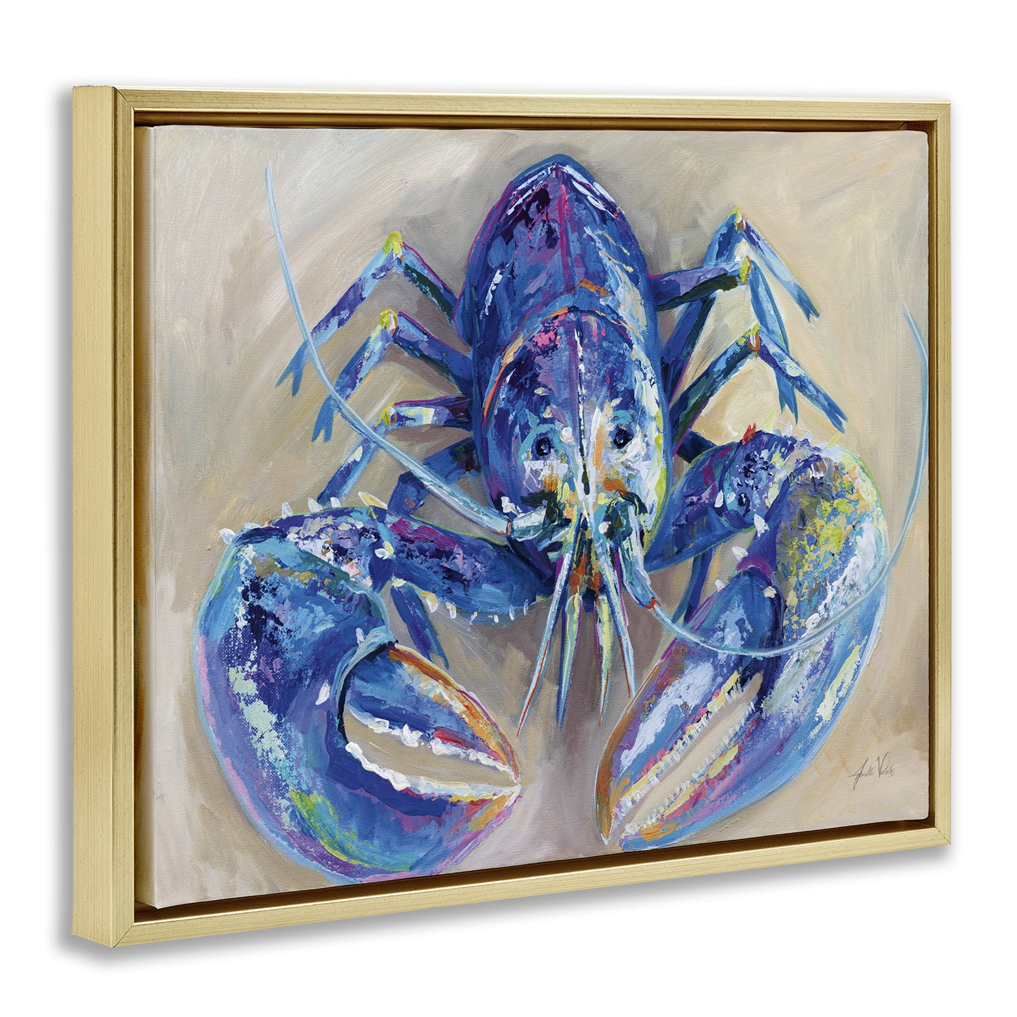 Stupell Industries Blue Lobster Impression Animals Painting Gold Floater Framed Canvas Art Print Wall Art, 21 x 17