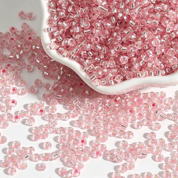 DESIGNICE Approx 1000-Piece 3Mm Silver Lined Glass Seed Beads, Crystal Clear Transparent Uniform Beads for Diy Jewelry & Craft Making Projects, Pink Pink Beads