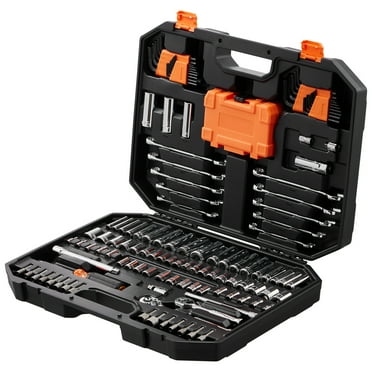 KFFKFF Mechanics Tool Set and Socket Set, 1/4" and 3/8" Drive Deep and Regular Sockets, Set of 145 Pcs SAE and Metric Tools with Bits, Combined Wrench
