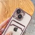 thumbnail image 5 of Plating Wallet for iPhone 14 Case, Bling Glitter Diamond Card Holder Camera Protection Luxury Cover + 2* Screen Protector, Card Slot Case Elegant iPhone 14 Phone Case -Pink, 5 of 12
