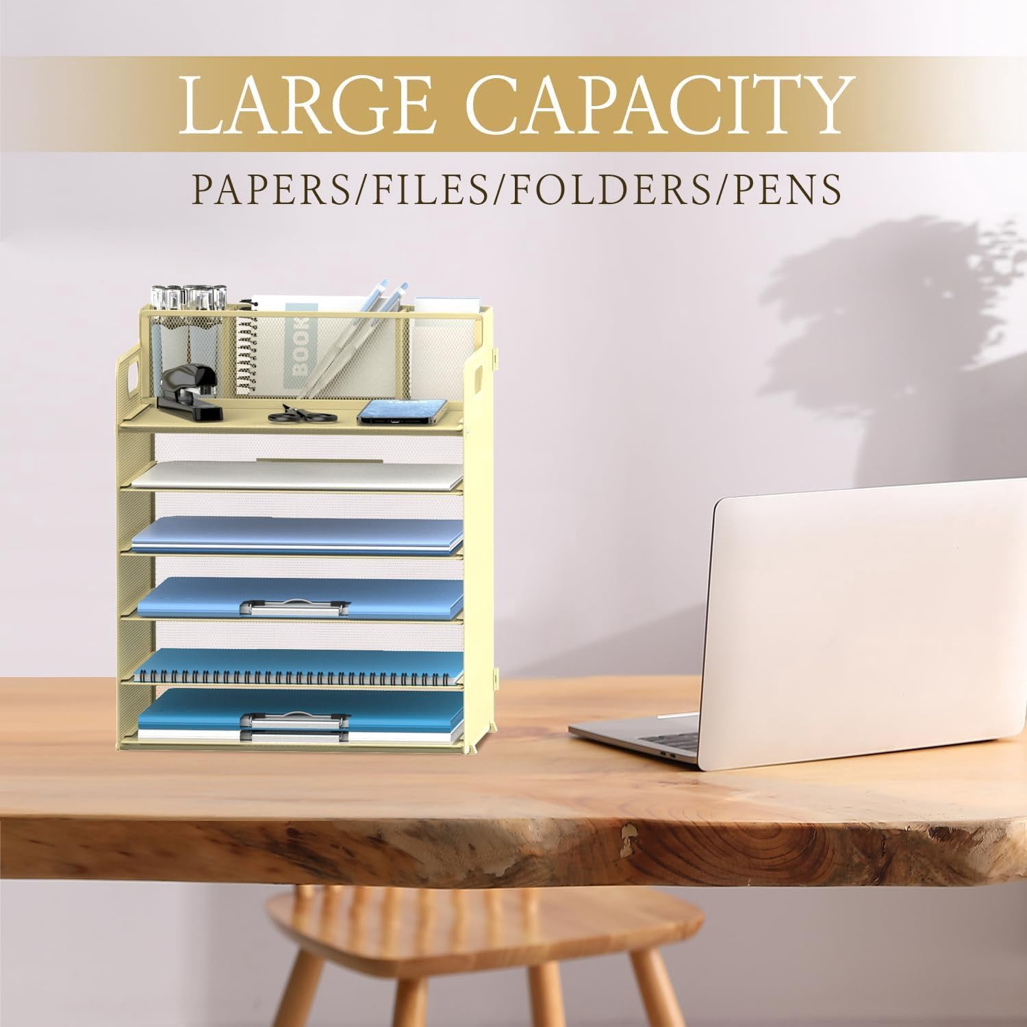 INTIGE 6-Tier Desk Organizer, Metal Desktop Paper Tray with 3 Pen Holders, Desktop Organizer for Home Office