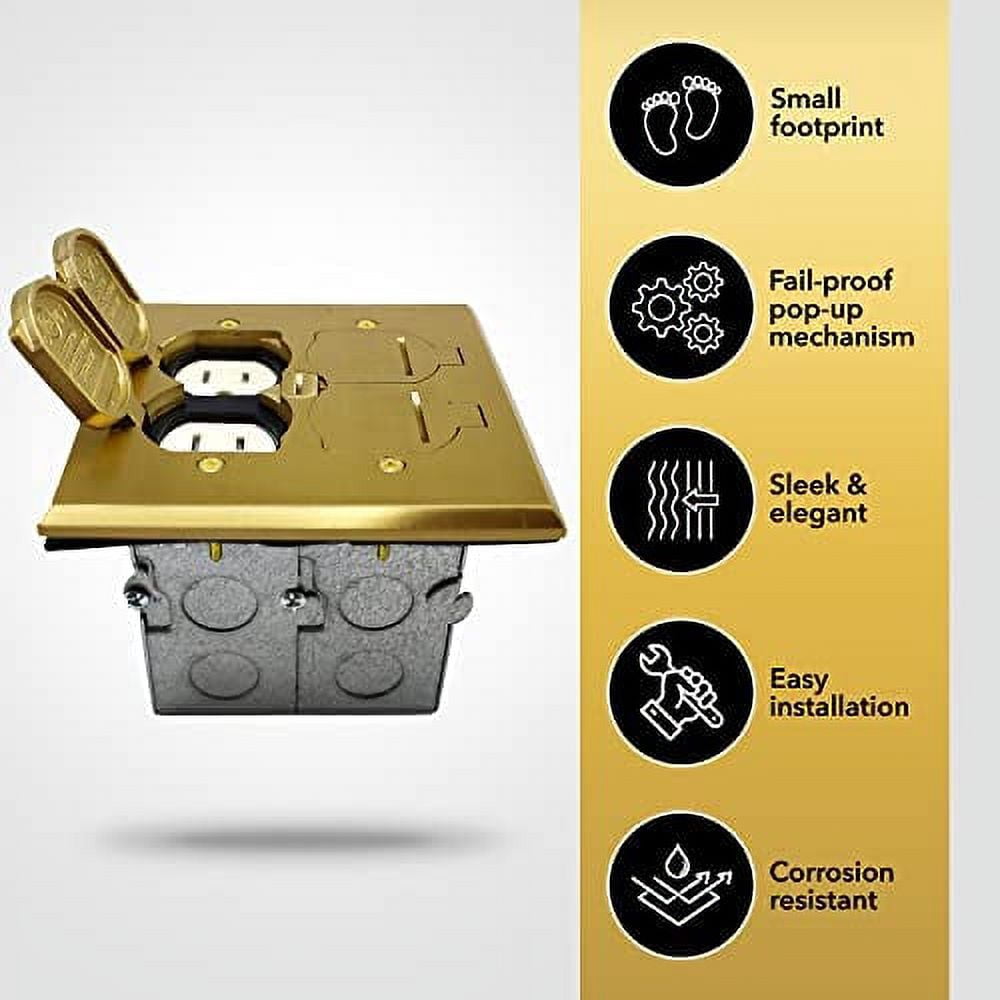 SELECT Lighting SLFB-2G-TR20-LV-BR 20A Receptacle Outlets, Tamper Resistant Electrical Floor Box with Flip Lid and Brass Cover, Retractable Recessed Socket for Kitchen, Countertops & Floors