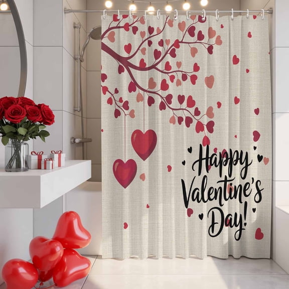 Valentines Day Shower Curtain, 48" x 72", Romantic Spring Red Pink Hanging Love Heart Tree Linen Texture Waterproof Bathroom Curtain Washable Shower Curtain Set with 12 Hooks