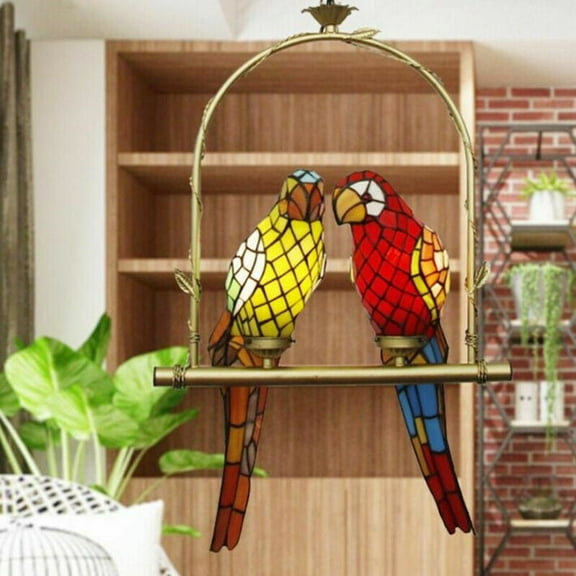 FINE MAKER Tiffany Pendant Light Multicolored Parrot Chandelier Stained Glass Vintage 2 Light Bird Ceiling Hanging Light for Dininig Living Room Bedroom 24" Black Metal Finish