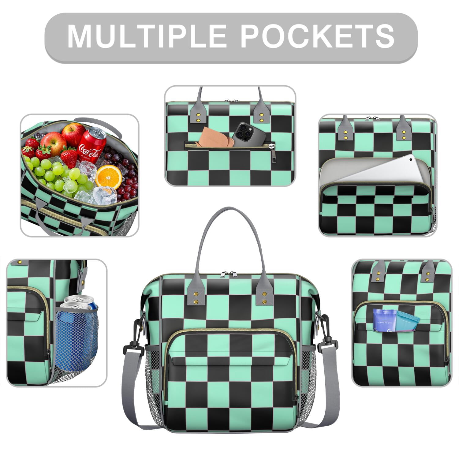 Colorful Checkered Leakproof Lunch Box - Large Insulated Cooler Bag with Multi-Pocket for School, Office & Travel