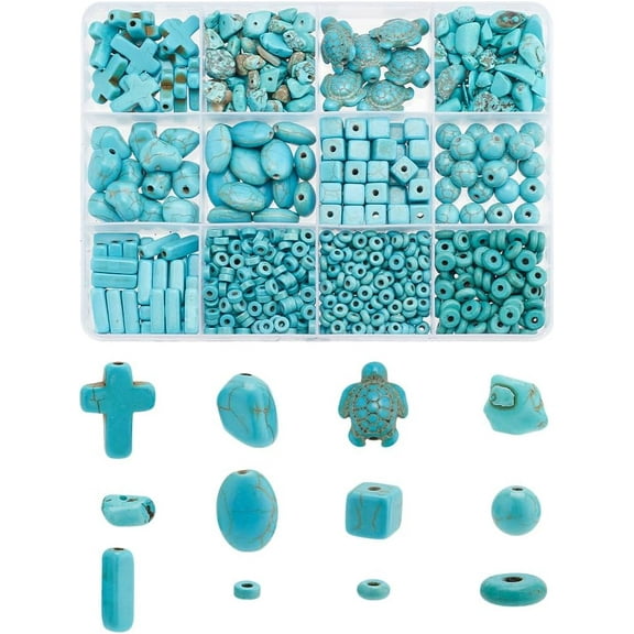 904pcs 15 Styles Turquoise Beads Sea Turtle Disc Cross Stones for Crafts Rocks Beads for Bracelet Necklace Jewelry Making Small