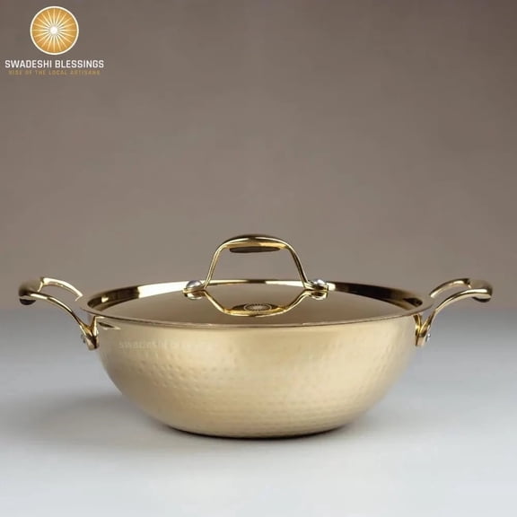 Swadeshi Blessings Exclusive Range Brass Kadai/ Wok Pan for Cooking with Lid/Teflon-Free/Naturally Non-Stick Brass Utensils with Tin Coating (3 Litres)