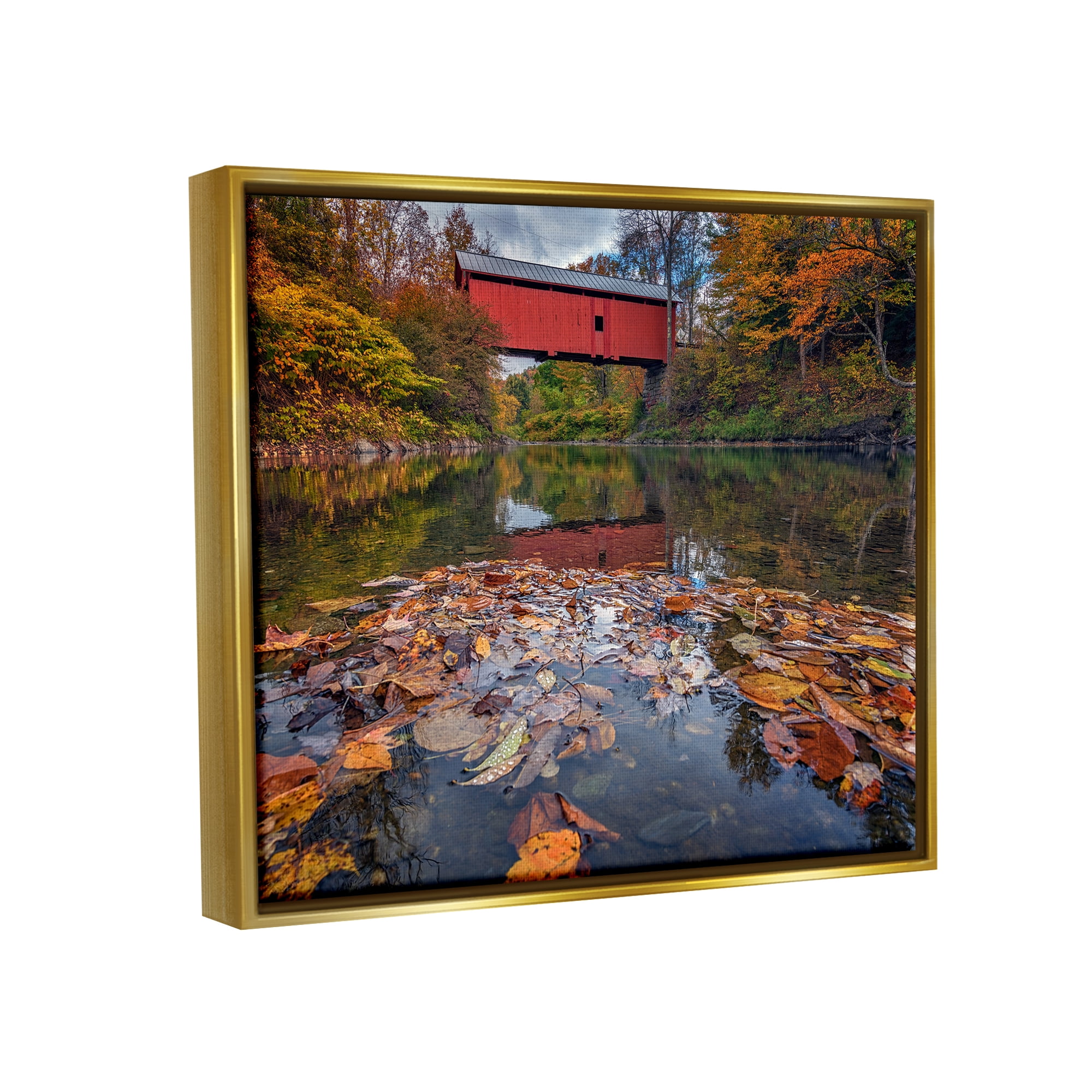 Stupell Autumnal Foliage River Bridge Landscape Photography Gold Floater Framed Art Print Wall Art