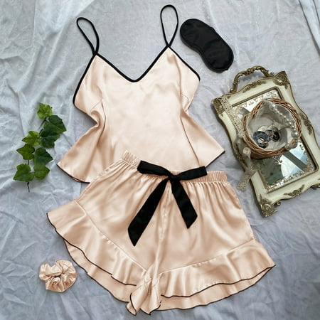 

NECHOLOGY New Solid Bow Tie Ice Silk Pajamas Women s Thin Home Suspender Shorts Set Light Two Womens Long Sleeve Pajama Set Pajamas B Large