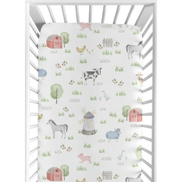 Sweet Jojo Designs Farm Animals Gray Green Grey Red Fitted Crib Sheet