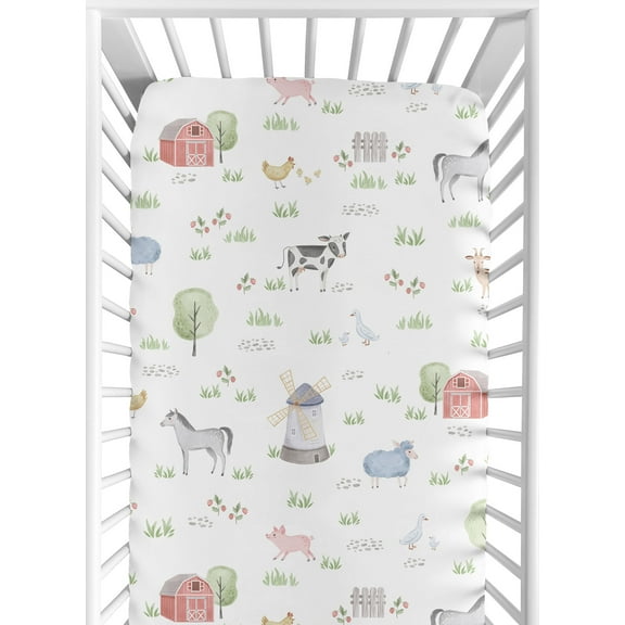 Sweet Jojo Designs Farm Animals Gray Green Grey Red Fitted Crib Sheet