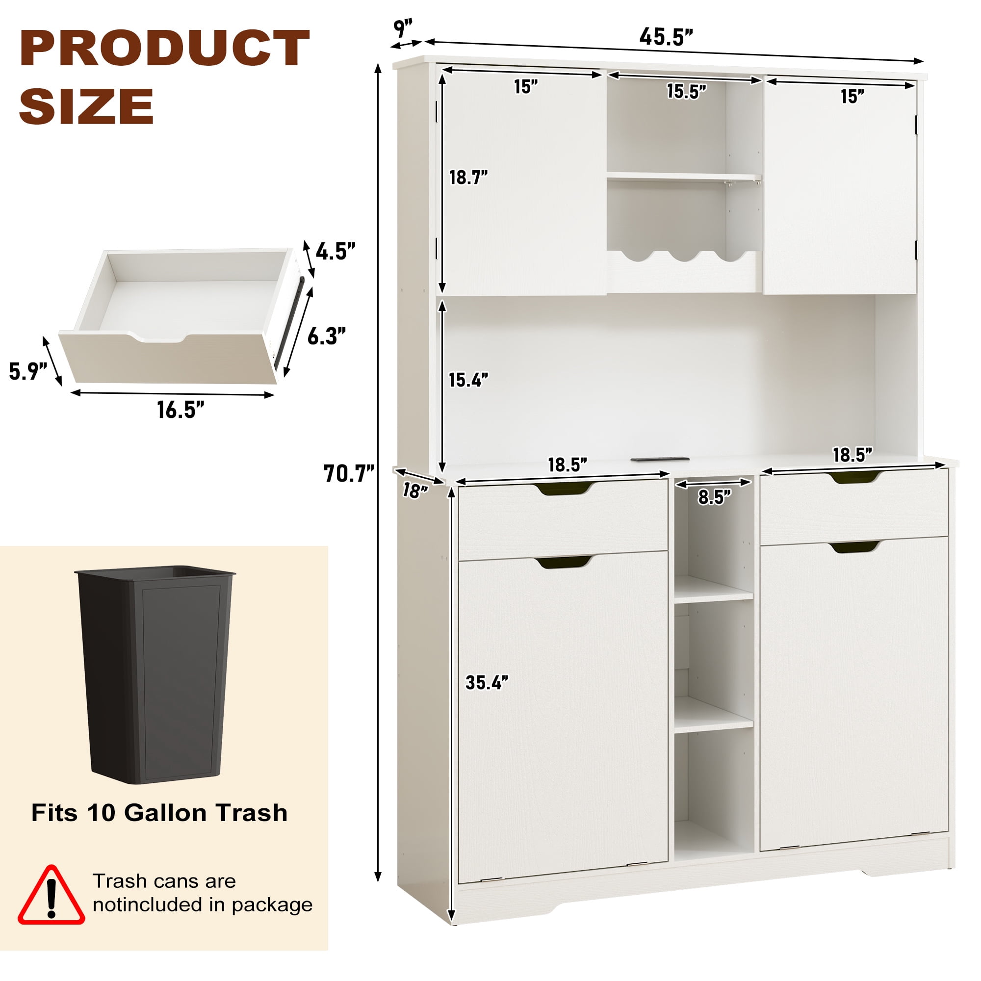 Blotout 71" Tall 46"Wide Kitchen Pantry Cabinet with Charging Station & Microwave Shelf, Farmhouse Kitchen Double Tilt Out Trash Cabinet 10X2 Gallon Garbage Holder with 2 Drawers Storage