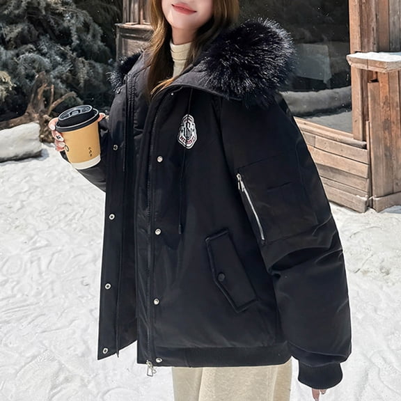 Vivianyn HD Women's Badge Embroidered Puffer Jacket, Faux Fur Trim Hooded Winter Parka Coat with Pockets,Black,Size S-XXL