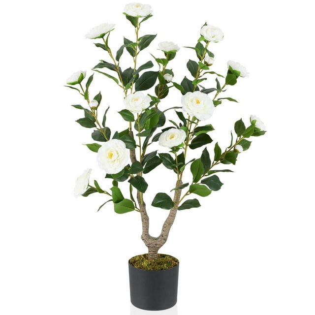 Costway 1 PCS 36" Artificial Camellia Tree Fake Potted Tree Greenery Floral Plant Modern White