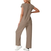 Cueply Two Piece Sets for Women Summer Casual Vacation Outfits Cap Sleeve Wide Leg Long Pants Lounge Sets