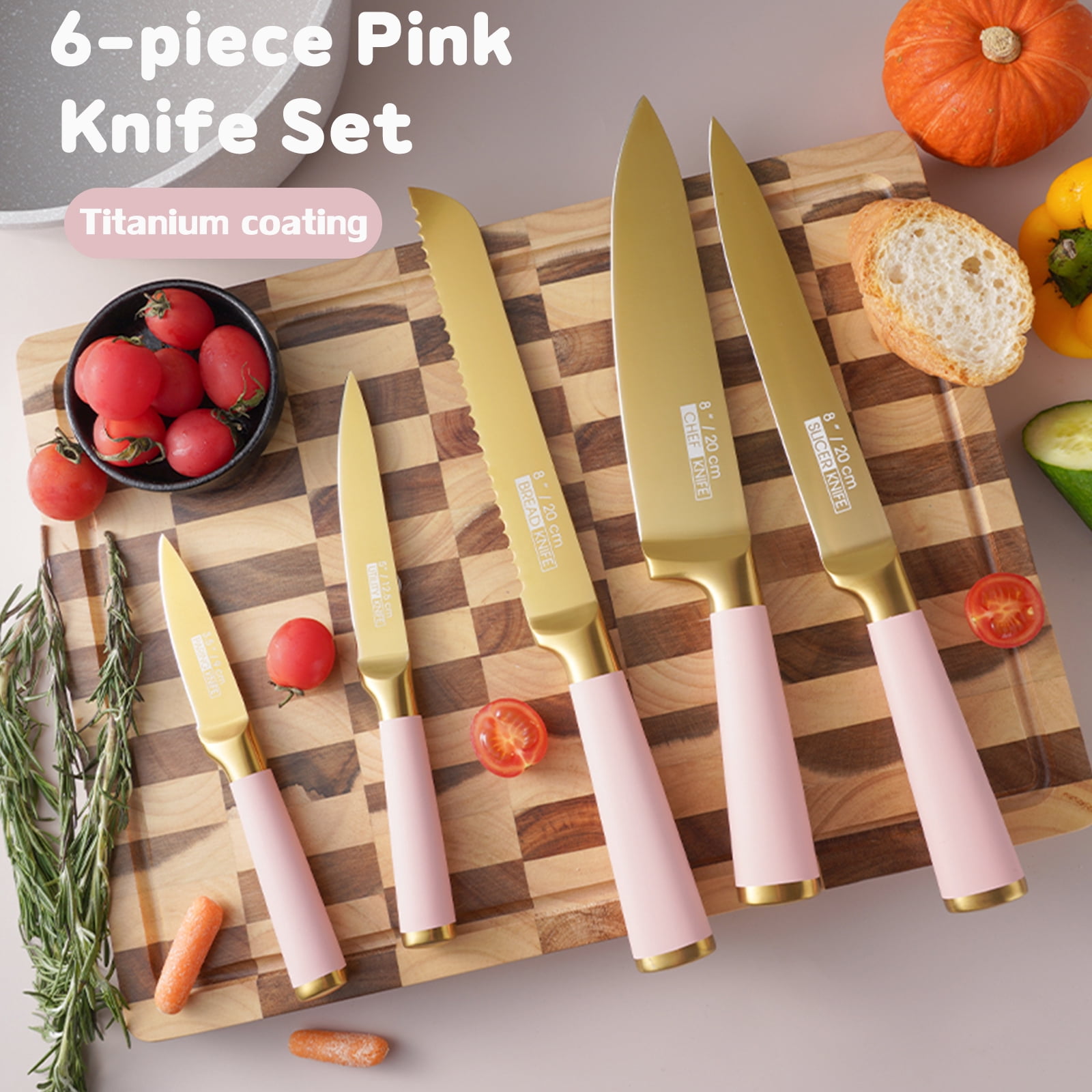 Kitchen Knife Set, 6-Pieces Golden Titanium Coated Knife Block Set with Wood Knife Block & Built-in Sharpener, Stainless Steel Sharp Chef Knife Set, Pink Knives Set for Home Kitchen