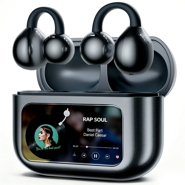 VEATOOL Open Ear Clip-On Earbuds, LCD Touch Screen,ENC Call Noise Cancelling with Mic,60H Playtime