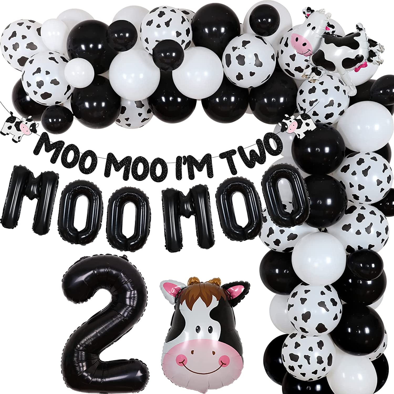 Cow 2nd Birthday Decorations, Moo Moo I'm Two Party Decorations for Boys  Girls, Farm Animals Theme Black and White Balloon Garland Kit with Moo Moo  Im Two Banner, Cow Foil Balloons 