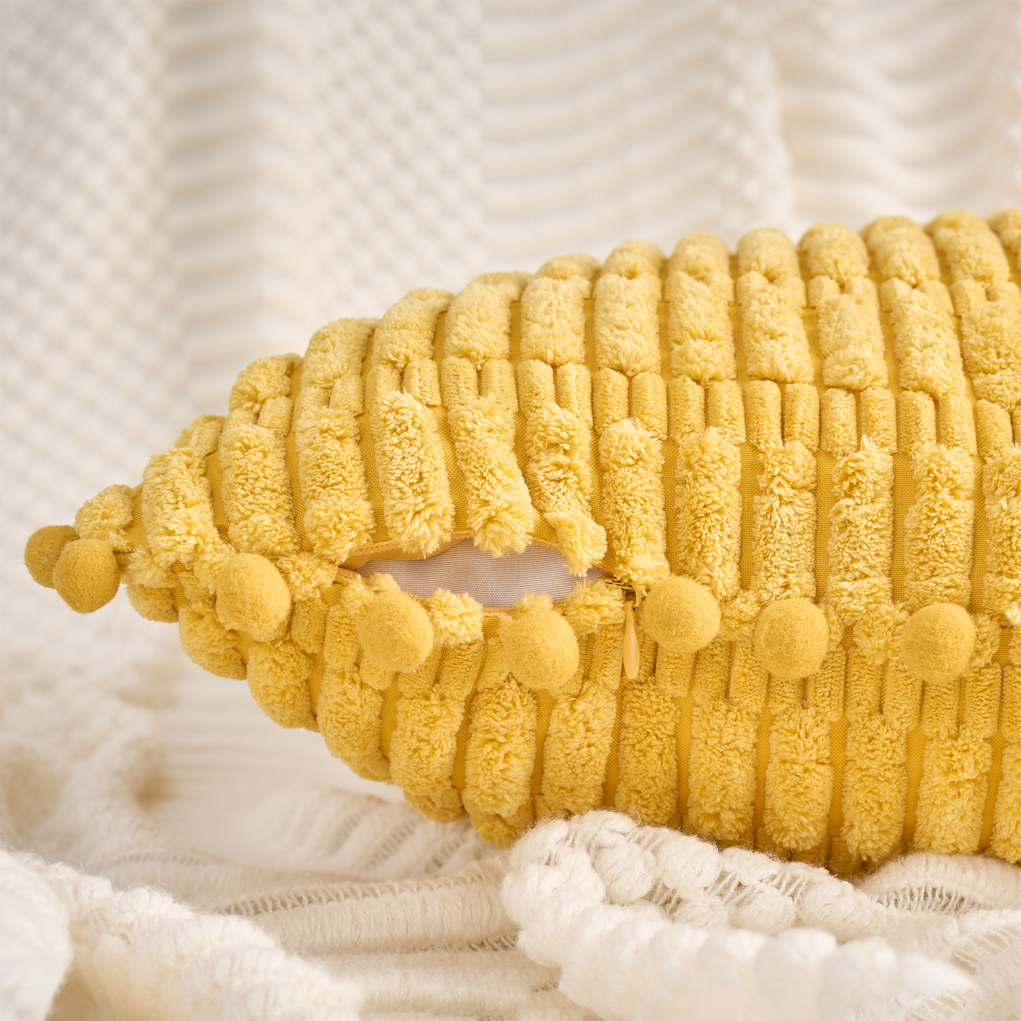 Unique Bargains Set of 2 Corduroy Throw Pillow Covers with Pom-pom Edges 16" x 16" Yellow