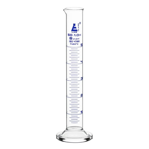 Graduated Cylinder, 50ml - Class B Tolerance ?1.00ml - Round Base - Blue Graduations - Borosilicate 3.3 Glass - Eisco Labs