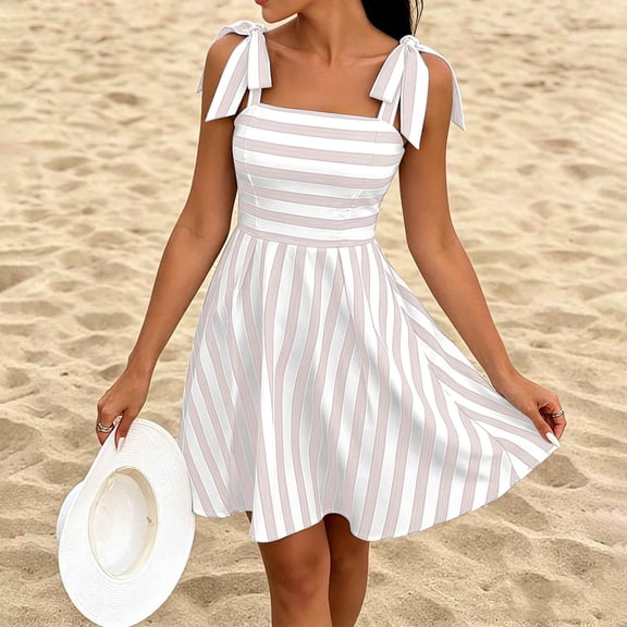 Karymi Easter Dress Striped Cute Bow Shoulder Straps Mini Dress, Square Neck A-Line Casual Summer Sundress Lightweight Airy Beach Dress Womens Dresses