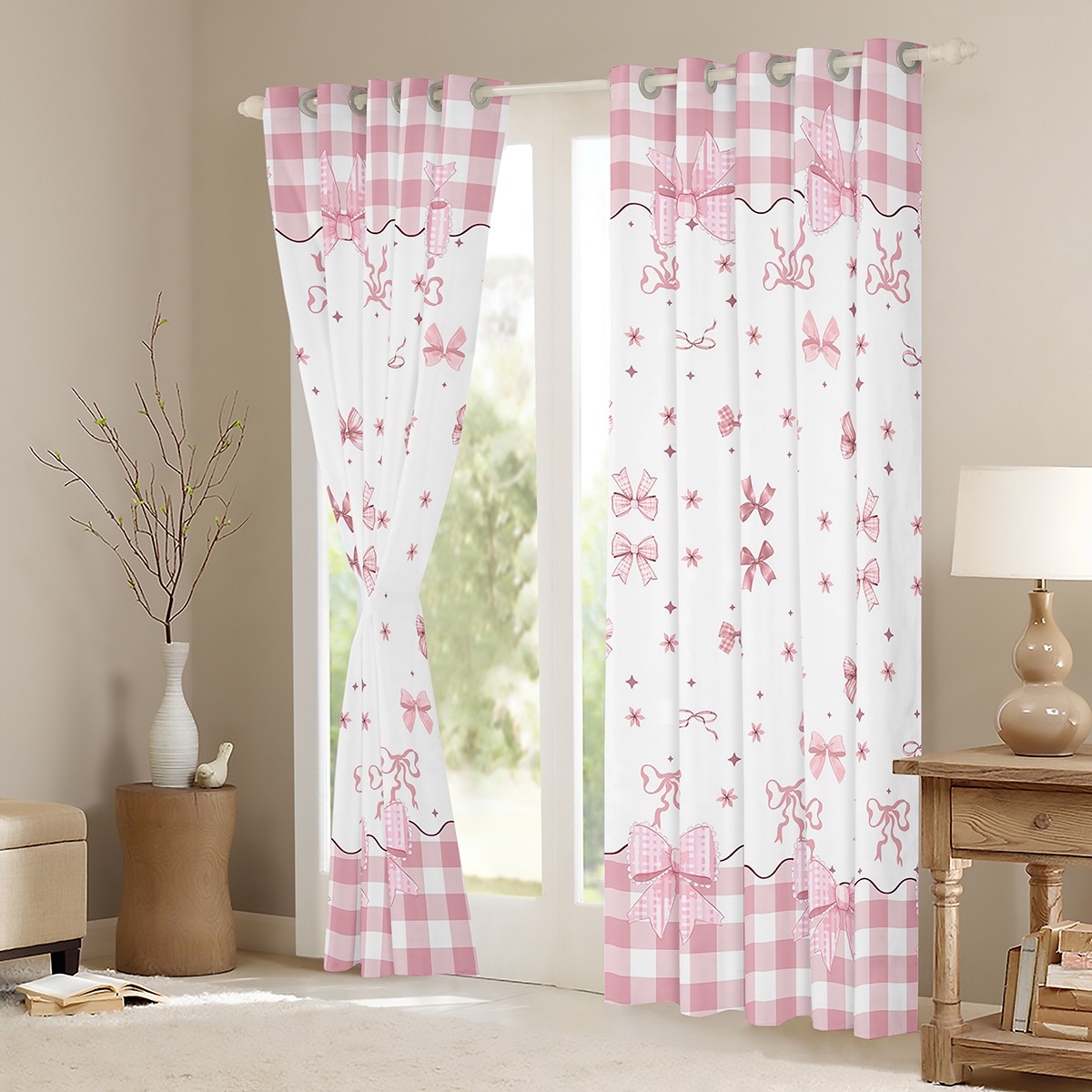 Manfei Kawaii Bowk Not Curtains Pack of 2 (42x84 Each),Cute Cartoon Bowtie Curtains Blackout,White Pink Buffalo Bedroom Curtains For Girl,Breathable Home Decor