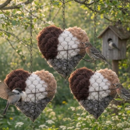 3PCS Handmade Fiber Bird Nesting Heart – Handmade Alpaca Fiber Bird Nesting Heart – Birds Nests Material Holder Winter Tree Shelter for Wild Birds Dual-Season Outdoor View House
