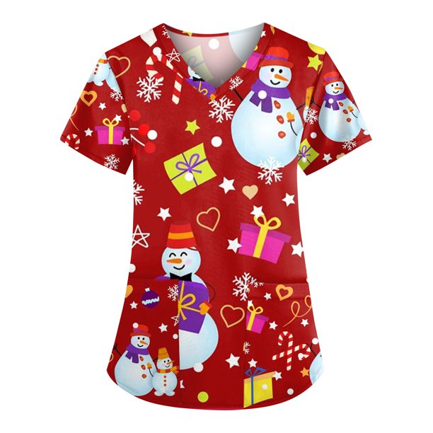 Tops Para Mujer, Blusa Navideña, Camisas de Moda, Manga Corta, Cuello en V, Uniforme de Trabajo, Estampado Con Bolsillo Odeerbi ODB170890