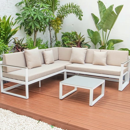 LeisureMod Chelsea Modern White 3 Piece Outdoor Aluminum Sectional Beige