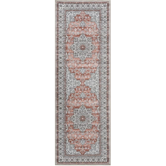 Vintage Washable Area Rug, Floral Medallion, Ultra Soft Accent Carpet for Living Room, Bedroom, Entryway, Non-Slip, Low-Pile, 2x6ft (Brown)