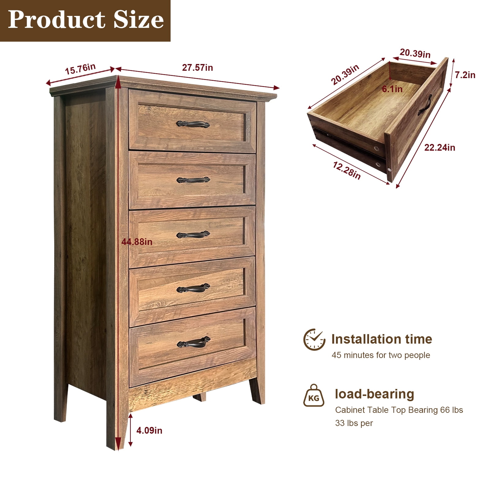 Tzou 5 Drawer Dresser, Farmhouse Tall Dresser for Closet, Rustic Chest of Drawer with Wide Metal Handles, Wood Dressers Organizer for Bedroom, Living Room, Hallway