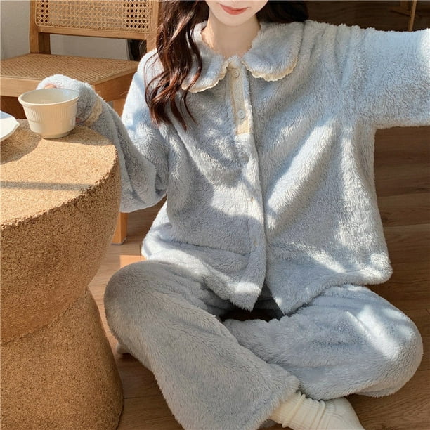 Lace Women Pajamas Set Winter Sleepwear Fleece 2 Piece Pant Home Suit  Fluffy Casual Piiama Warm O-neck Button Night Wear 2023
