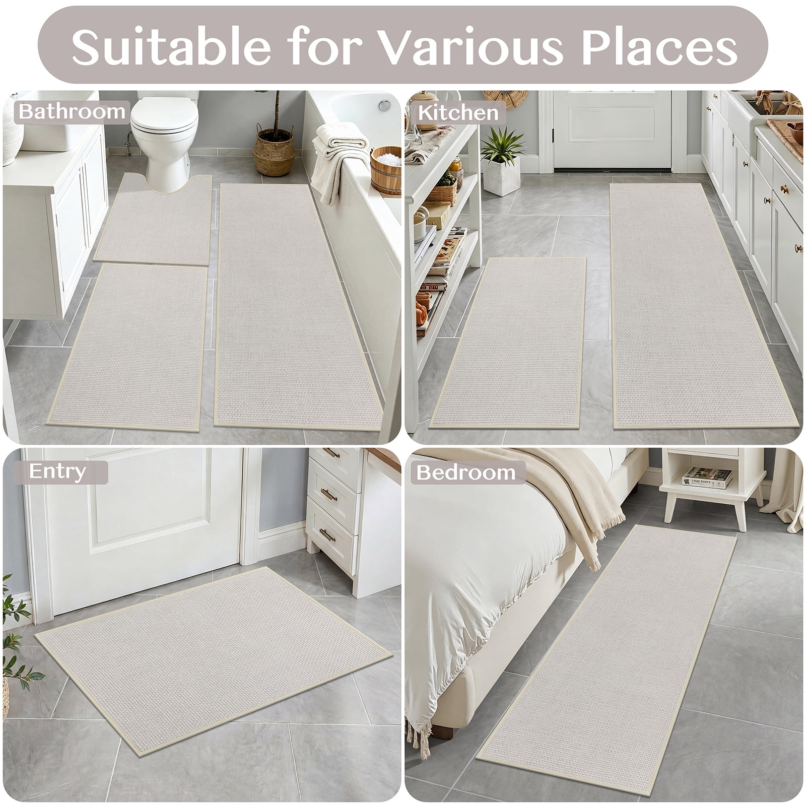 Ileading 3pcs Bathroom Rugs Set with U-Shaped Mat, Non Slip, Soft, Absorbent Bath Mats for Tub, Shower, Toilet 18"x26"+18"x48"+U Shape 20"x24" Beige