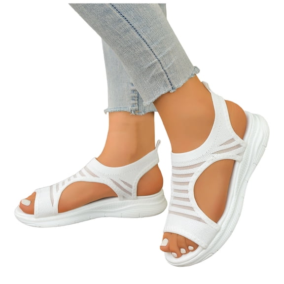 Summer Sandals for Women Color Block Stretch Knitted Open Toe Platform Outdoor Athletic Walking Shoes White Size 7.5