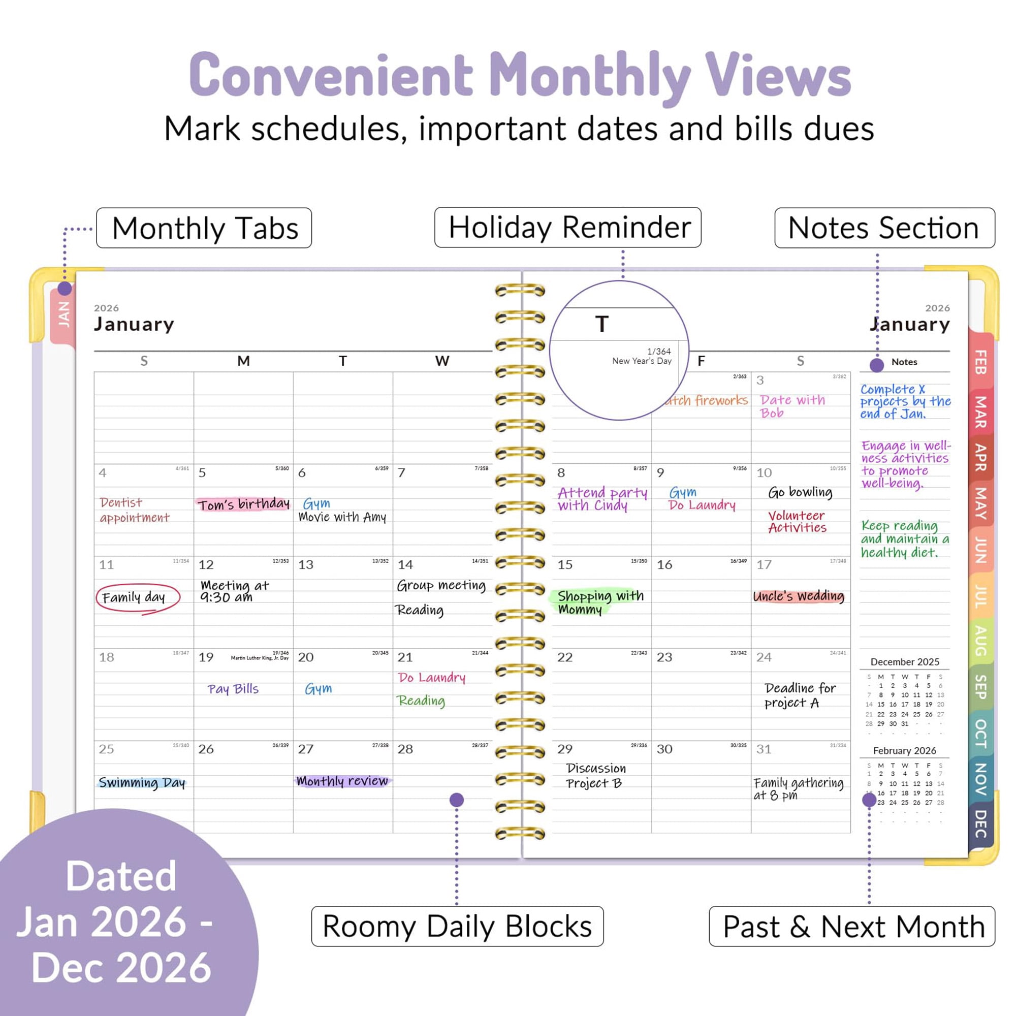 2026 Planner Hardcover, Weekly Monthly Calendar Organizer January to December, 8.5 X 11 A4 Agenda Book with Tabs, Inner Pocket for Notes, Office College Home Use, Purple