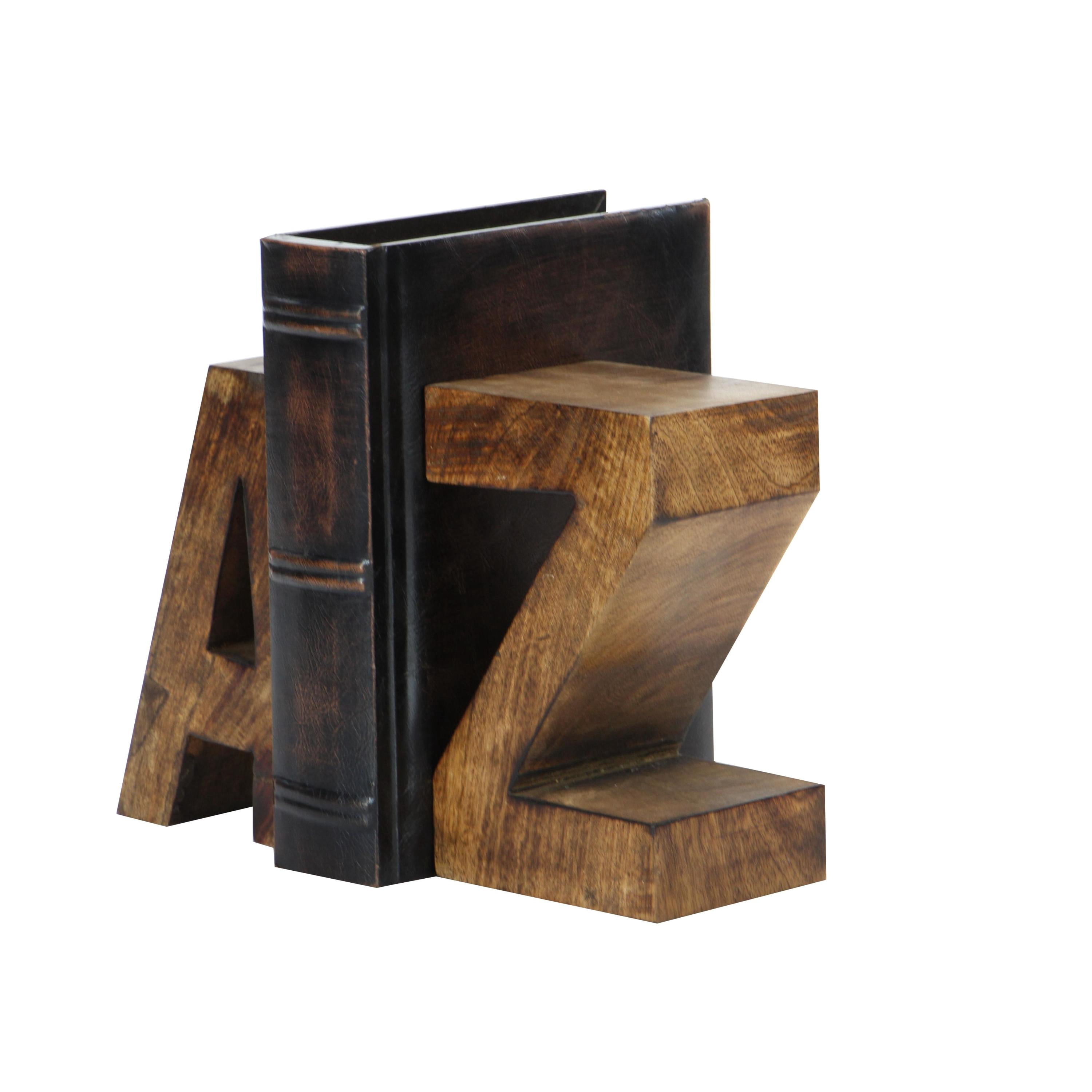 DecMode 5" A Z Dark Brown Mango Wood Bookends (Set of 2)