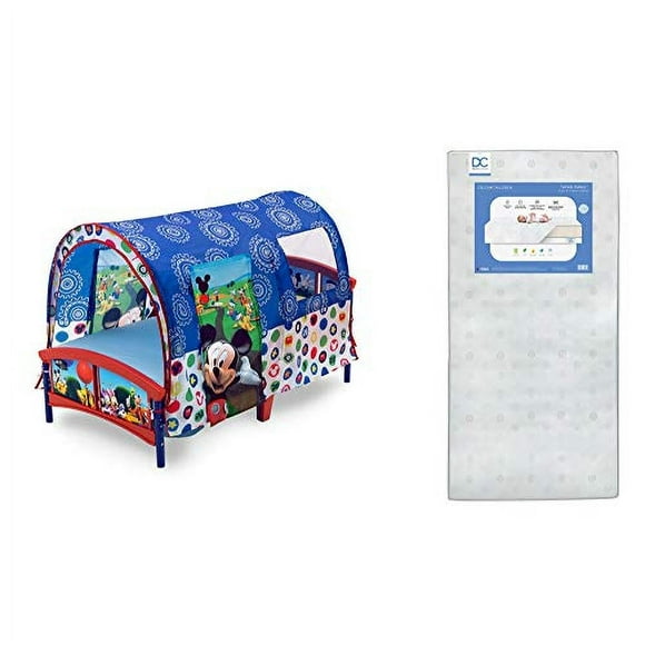 Delta Children Toddler Tent Bed, Disney Mickey Mouse Twinkle Galaxy Dual Sided Recycled Fiber Core Toddler Mattress (Bundle)