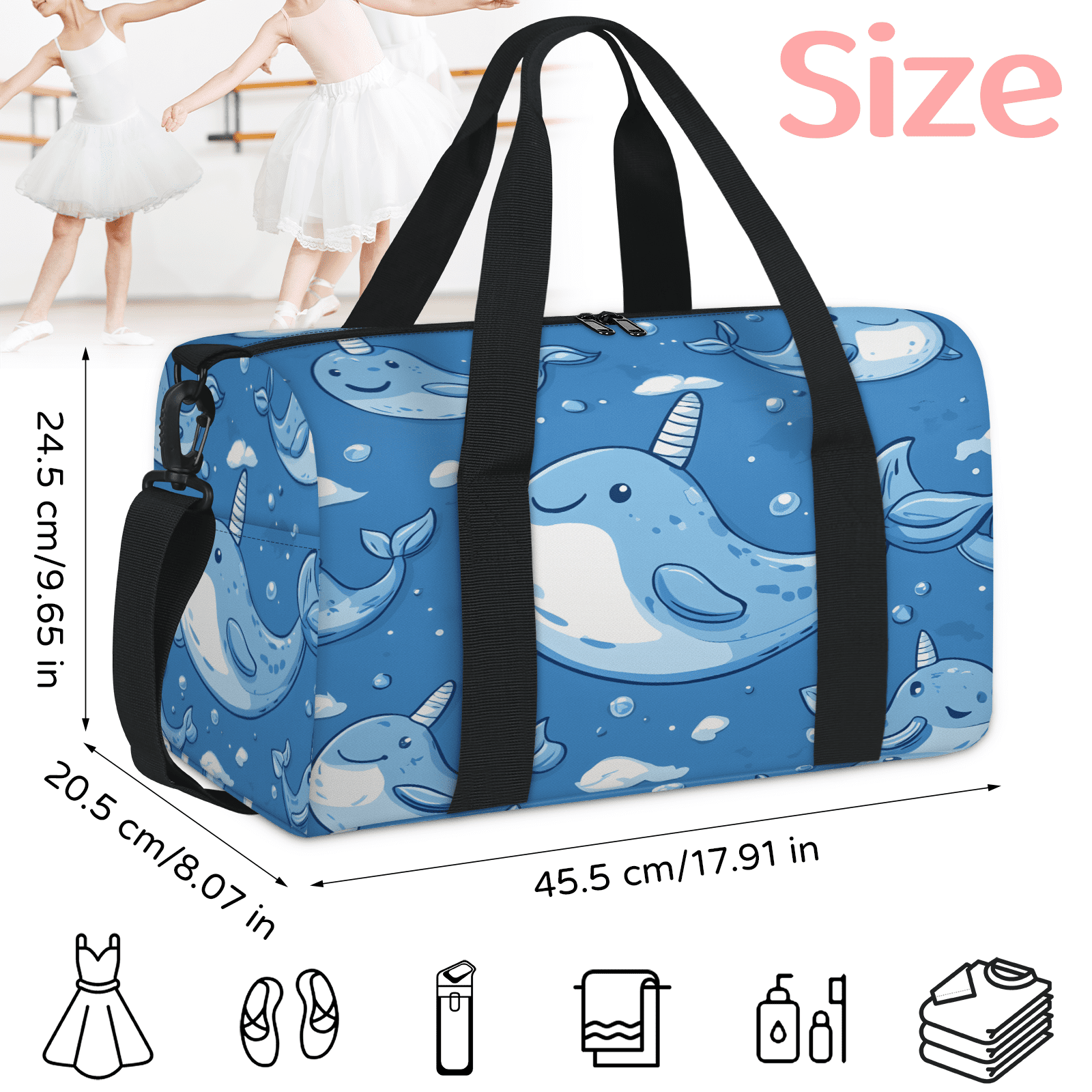 Herdesigns Funny Whale Gym Bag for Women, Duffle Bag for Travel Sport, Sea Animal Lightweight Waterproof Carry on Weekender Dance Yoga Workout Bags