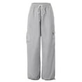 thumbnail image 4 of Sngxgn Woman Pants Women Casual Solid Pants Drawstring Elastic Waist Long Wide Leg Pants(Grey,L), 4 of 5