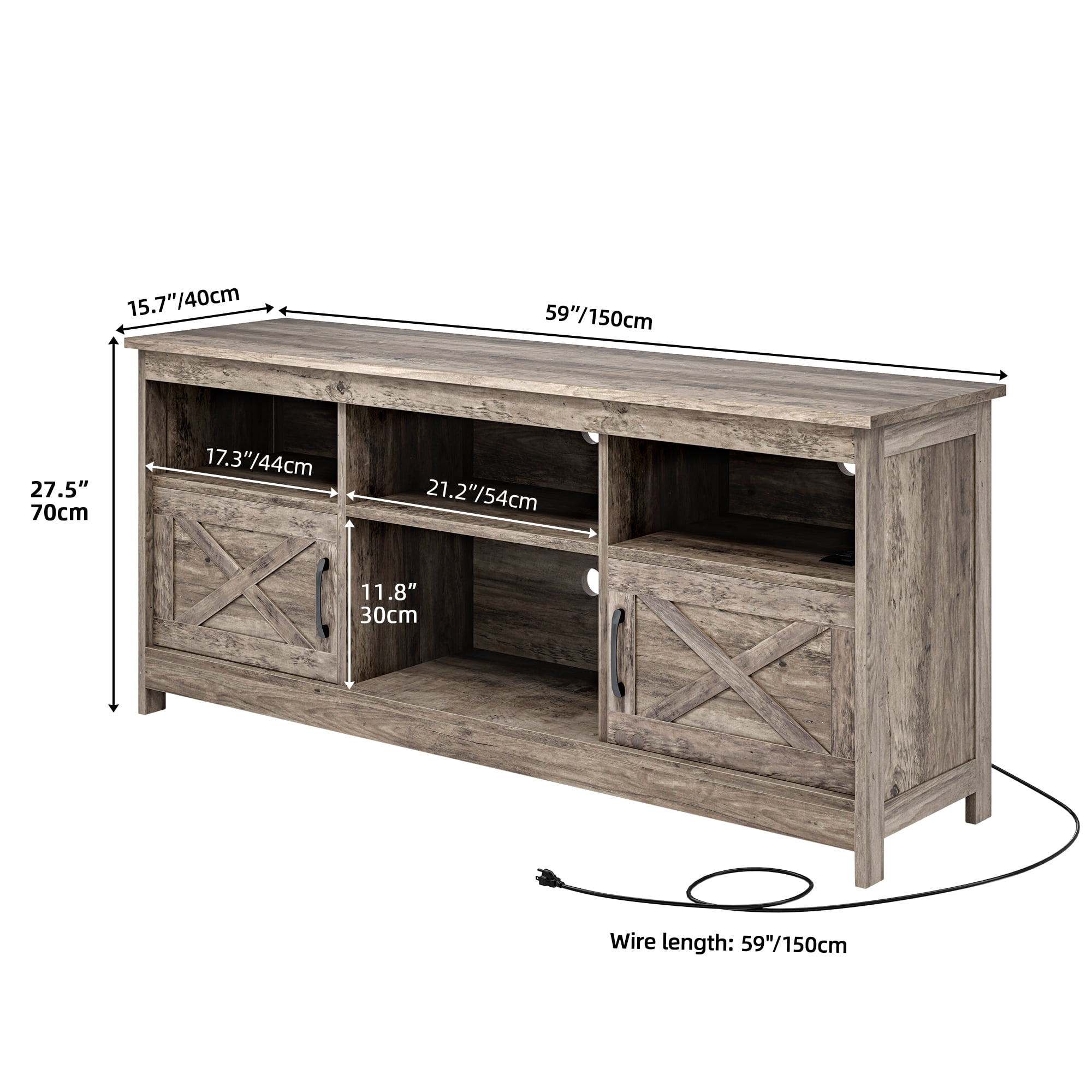 Uforic Farmhouse-Inspired TV Stand with Power Outlet, LED-Lit Media Console, Simplistic TV Cabinet for Living Room or Bedroom, Rustic Gray, 59 Inch