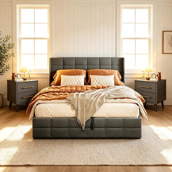 3-Piece Queen Bedroom Furniture Set - Gizoon Dark Gray Lift Up Storage Bed Frame & 2 Black LED Nightstands