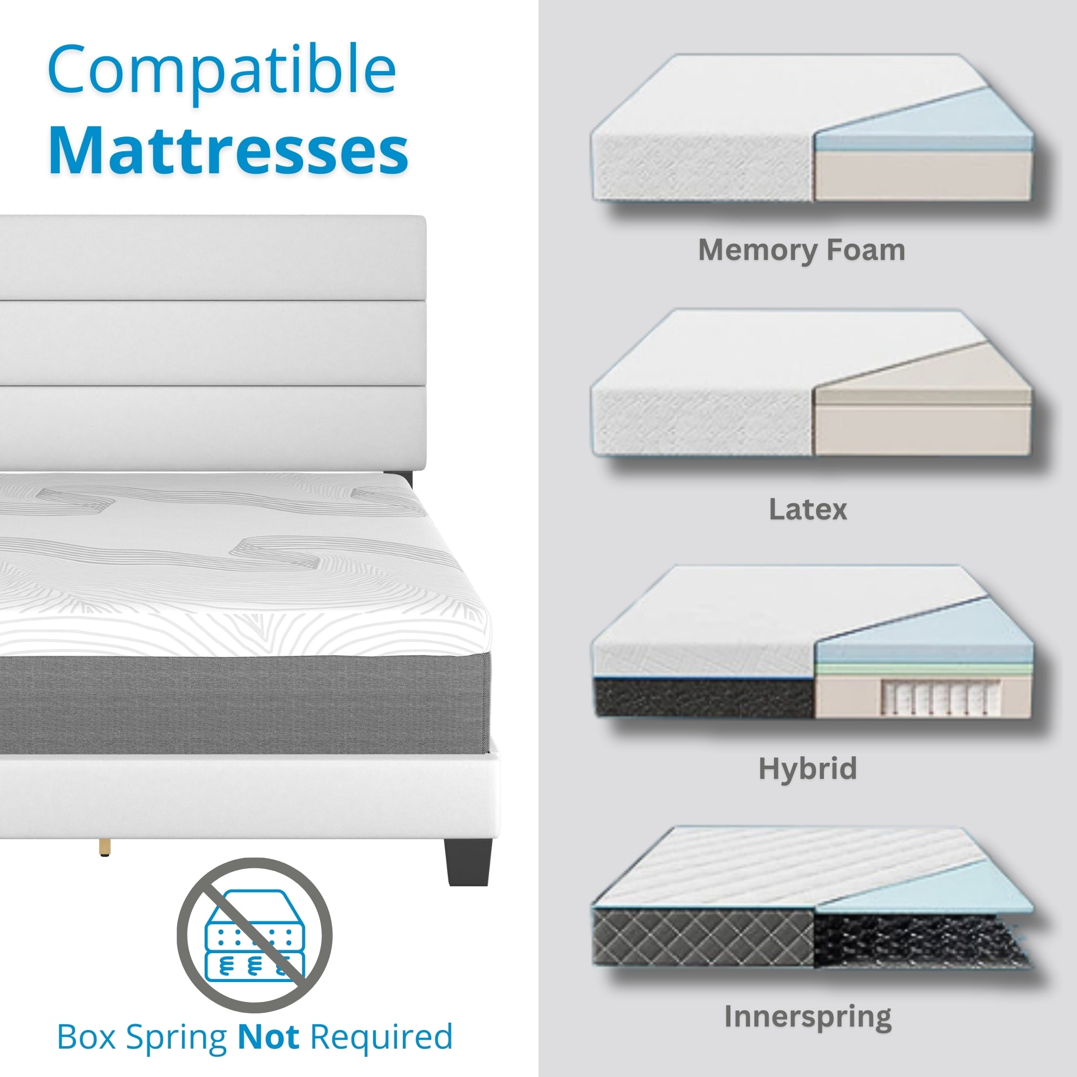 Boyd Sleep Piedmont White Faux Leather Queen Size Fully Upholstered Platform Bed Frame with Adjustable Headboard