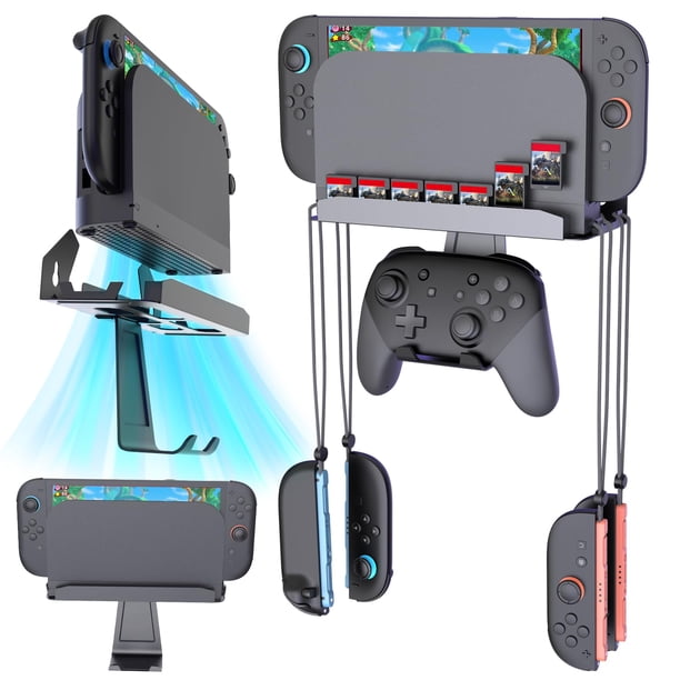 Soporte metálico de pared para consolas Nintendo Switch 2/OLED/NS: soporte resistente con 7 ranuras para cartuchos de juegos, 4 ganchos y 1 soporte para mandos