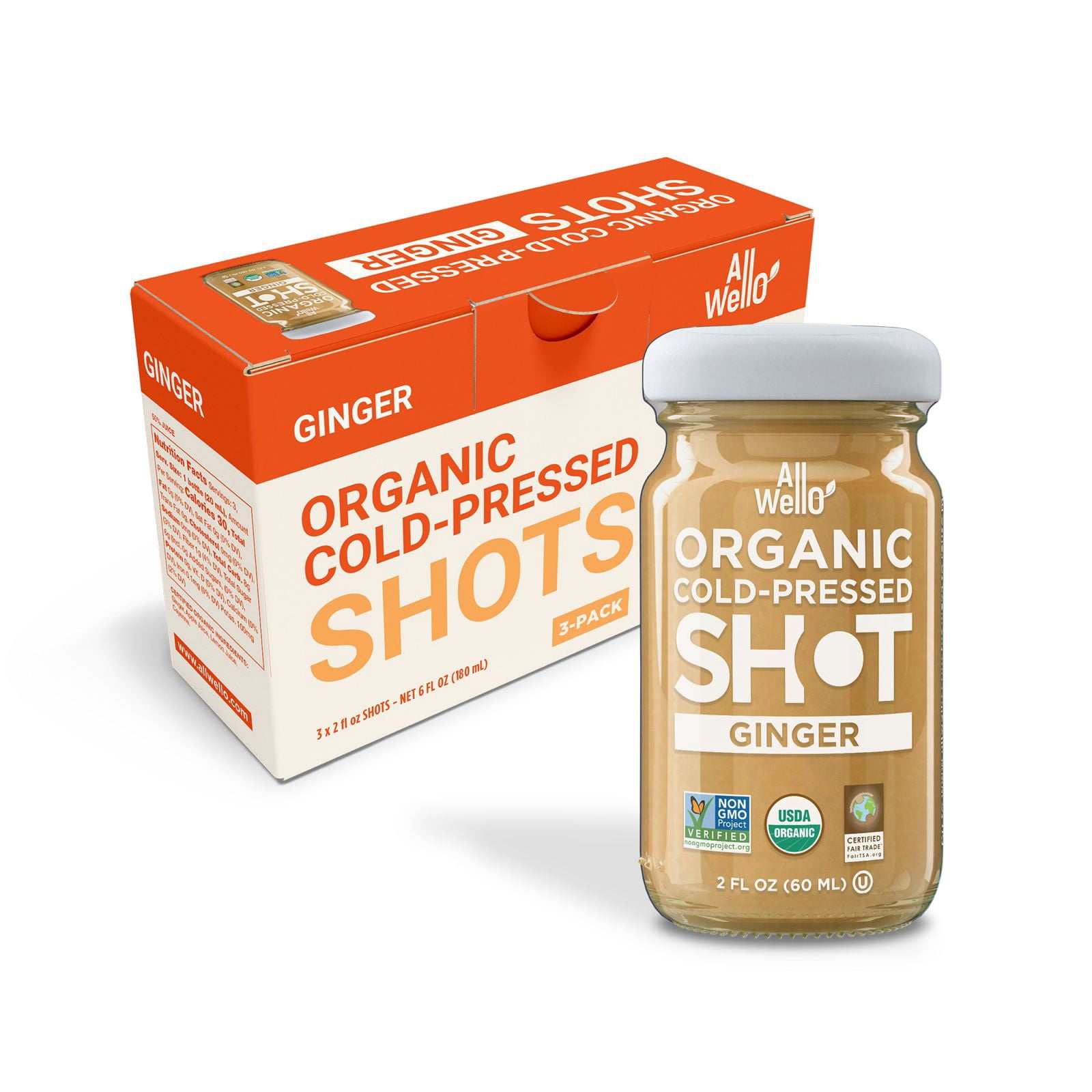 (6 pack) AllWellO Organic, Cold Pressed Ginger Shots, 2 fl oz Glass Bottles, 3 Pack