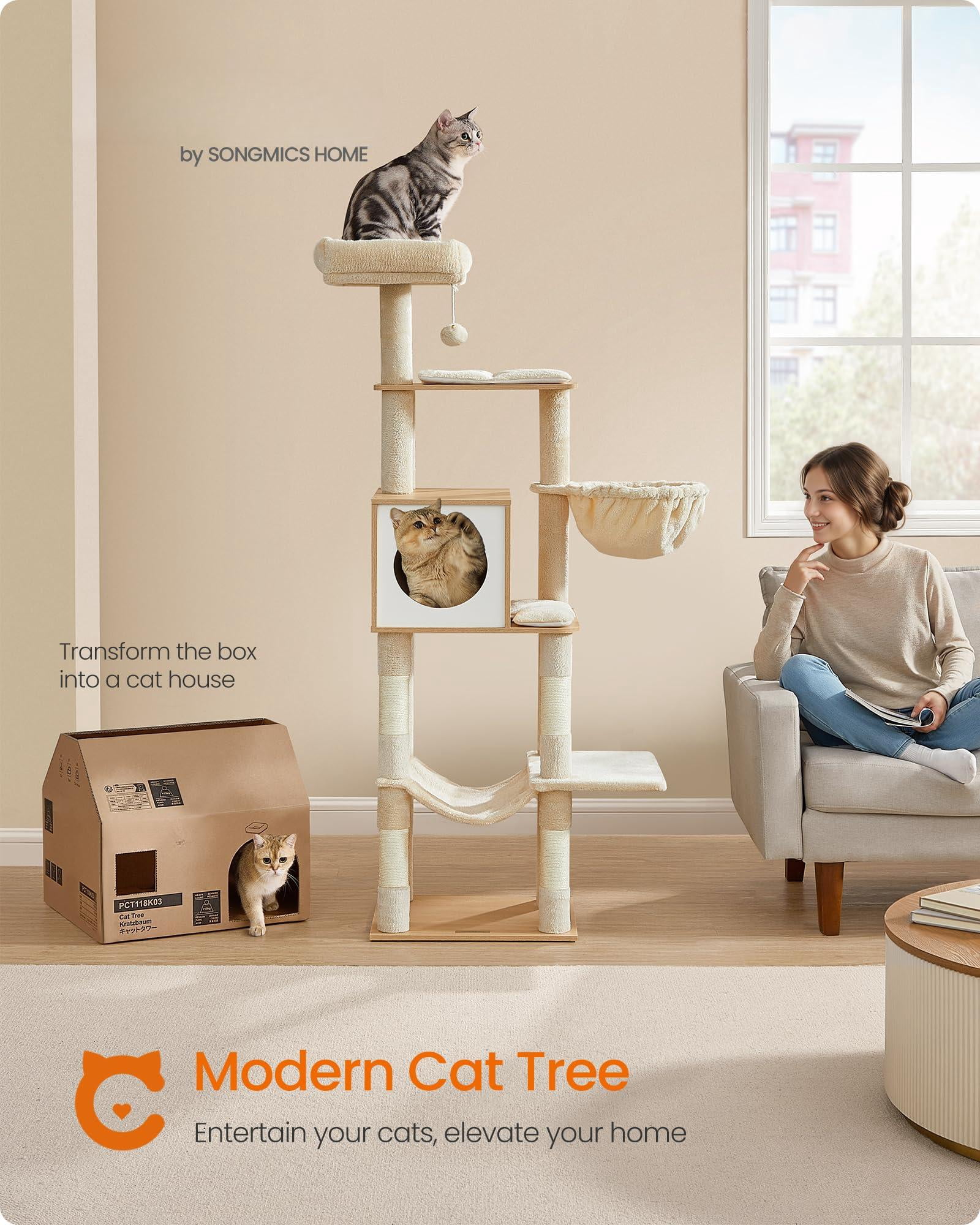 Cat Tree  65-inch Tall Tower Multi-level Condo With Cave Basket Hammock Pompom Posts Almond Yellow Upct118y01