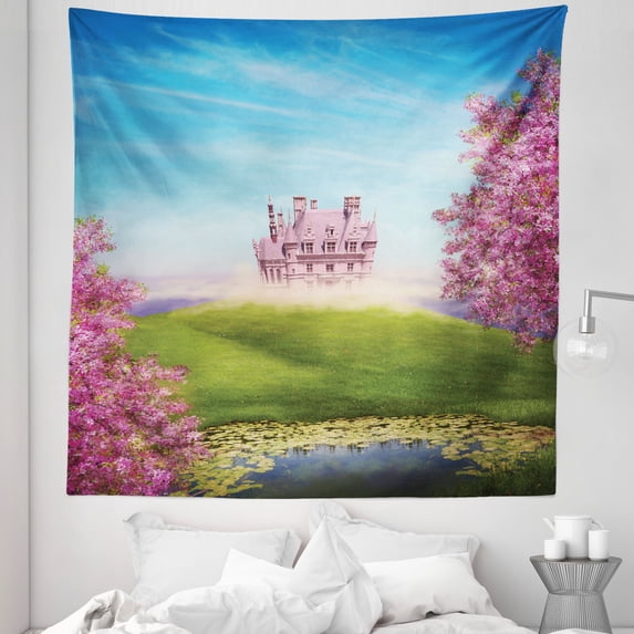 Cartoon Tapestry, Imaginary Tale Landscape with Cheery Blooms and Greenland Nature Romance, Fabric Wall Hanging Decor for Bedroom Living Room Dorm, 5 Sizes, Green Pink Blue, by Ambesonne