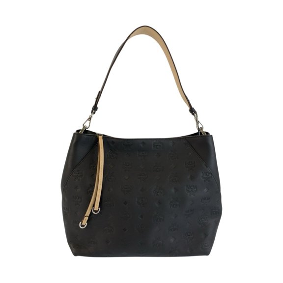 Pre-Owned MCM Visetos Shoulder Bag Handbag Black Beige Leather Women's
