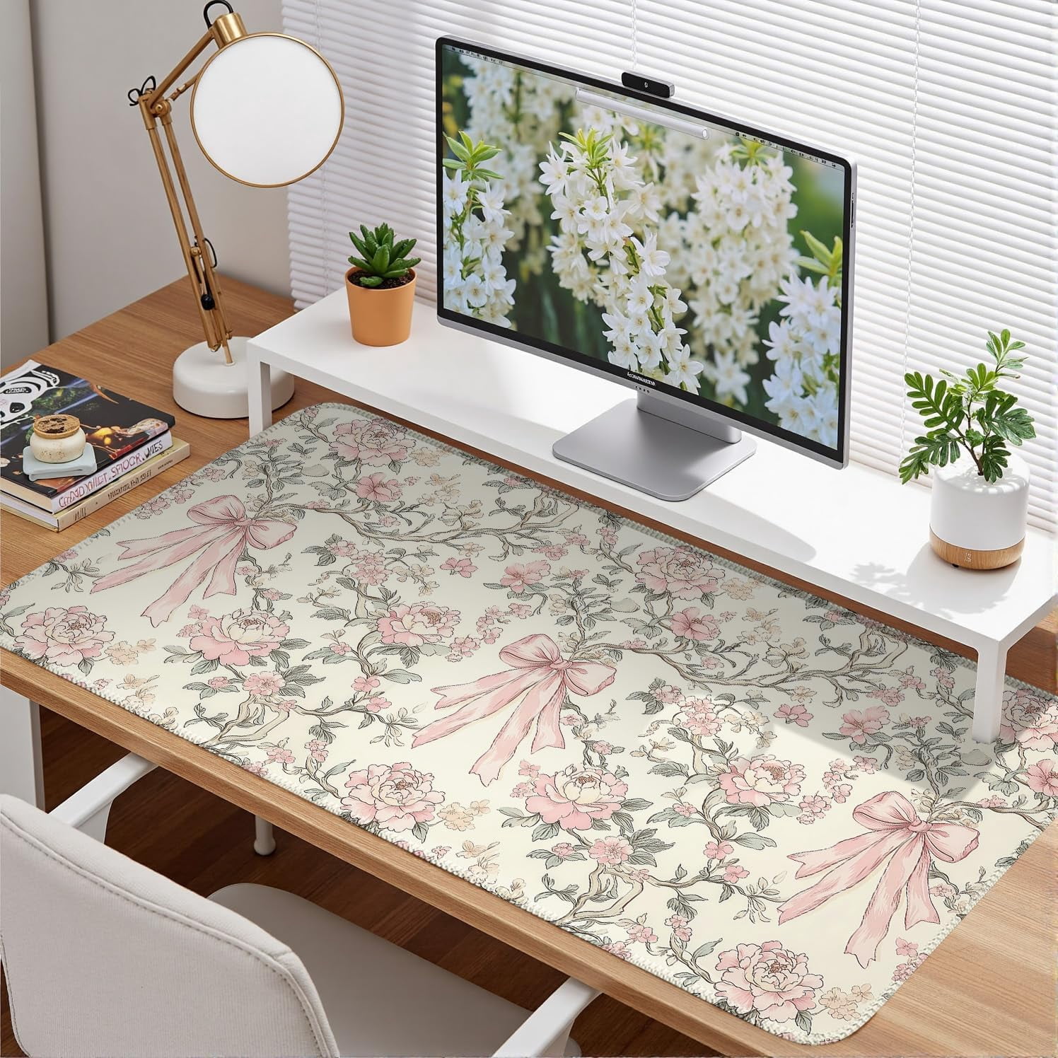 Floral Desk Mat Vintage Chinoiserie Large Mouse Pad Coquette Aesthetic Office Decor Flower Pink Bow Gaming Pad Cottagecore Desk Decor 31.5x15.7 in