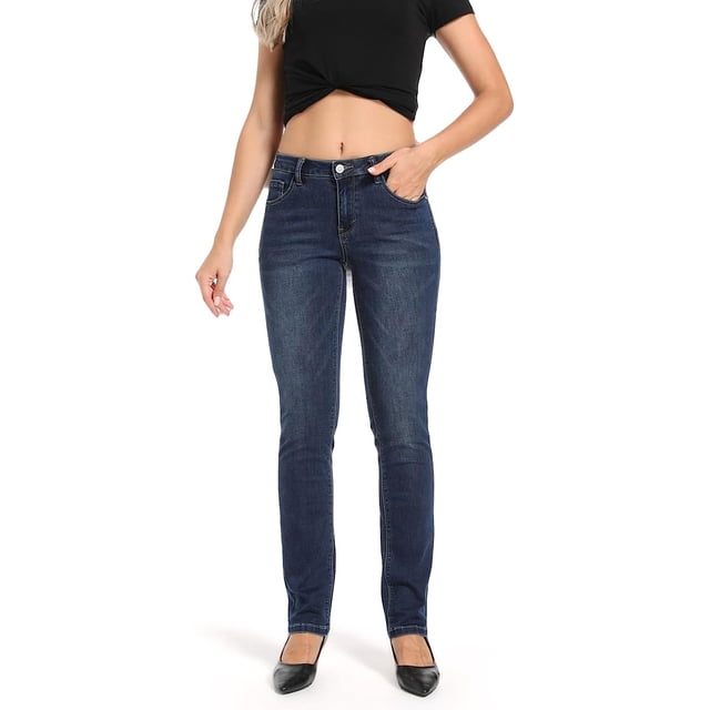 Jeans de pierna recta elásticos de tiro medio occidental para mujer Azul oscuro-140
