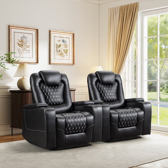 Bonzy Home Power Recliner Chair with USB Ports and Cup Holders, Electric PU Leather Reclining Chair with Hidden Arm Storage, Home Theater Recliners for Living Room, Bedroom, Black, 2 Pack